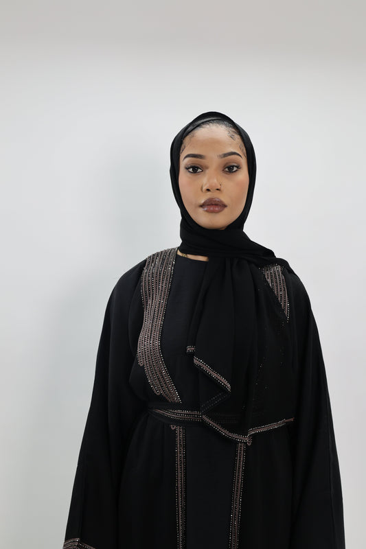 Noor Abaya in Black with taupe thread-work